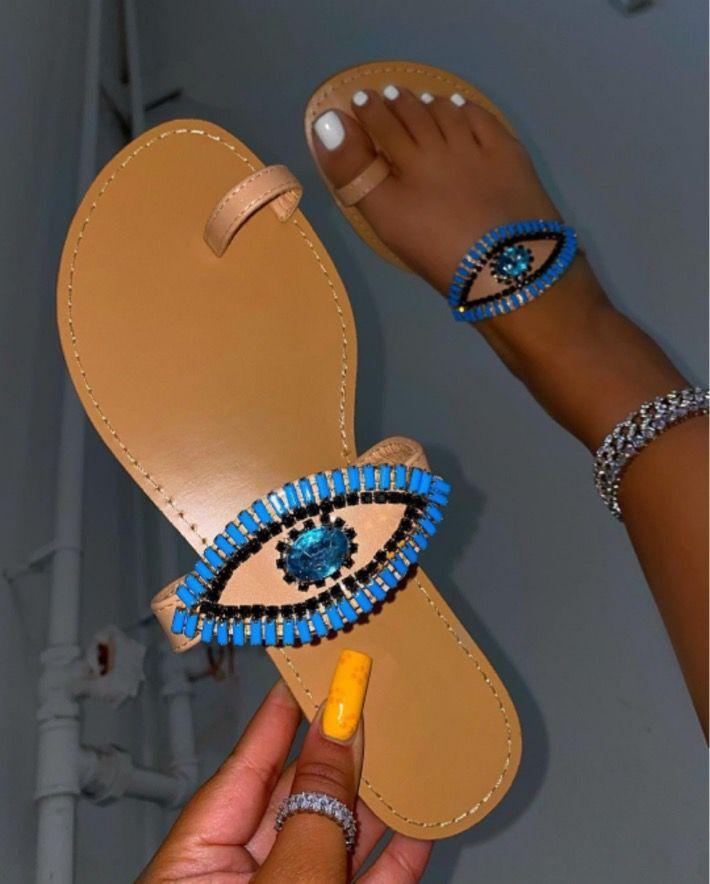 Female Rhinestone Eyes Slides Fashion Round Toe Flat Slippers